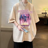 Wiaofellas Korean Style Large Size Men T-shirts Summer Coconut Tree Pattern Short Sleeve Round Neck Tops Vintage Male Tee Shirts