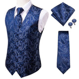 Wiaofellas 20 Color Silk Men's Vests and Tie Business Formal Dresses Slim Vest 4PC Hanky Cufflinks for Suit Blue Paisley Waistcoat