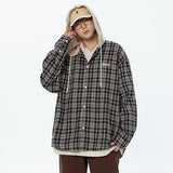 Wiaofellas Spring Summer Trendy Style Baggy Plaid Hooded Shirts Long Sleeve For Men Oversized Fashion Cardigan Blouse High Quality Harajuku