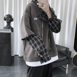 Wiaofellas Fake two-piece fashion hoodie men spring and autumn plaid stitching hooded jacket Korean clothes Harajuku hoodies for men