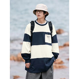 Wiaofellas Men Striped Hoodies Oversized Sweatshirt Harajuku Pullovers Neutral Korean Fashion Couples Matching Pocket Long Sleeve Tops