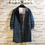 Wiaofellas Men Long Jean Jacket Winter Men Women Trend Big Pockets Turn-down Collar Trenchcoat Outerwear Fashion Black Loose Denim Coats