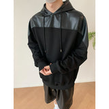 Wiaofellas Pink Black Leather Hoodies Men Fashion Oversized Hooded Sweatshirt Mens Streetwear Korean Loose Hip-hop Pullover Hoodie Men