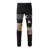 Wiaofellas New Arrival Men's Fashion Black Distressed Slim Streetwear Damage Skinny High Stretch Destroyed Spliced Bandana Ripped Jeans