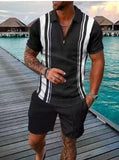 Wiaofellas Men's Polo Suit Fashion Men Sets Mens Solid Color Summer V-neck Zipper Short Sleeve POLO Shirt+Shorts Two Pieces Men Casual Suit
