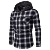 Wiaofellas Spring and Autumn Men's Fashion Plaid Hooded Shirt Spring and Autumn Jacket Shirt