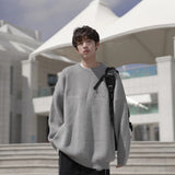 Wiaofellas Autumn And Winter New Sweater Loose Vintage Steel Print Alphabet Round Collar Pullover Sweater Black, Gray, Blue.