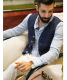 Wiaofellas Navy Blue Cotton Linen Vests for Men V-neck Waistcoat Boutique Jacket Casual Vest Groosmen Male Groom Wear Clothing Man