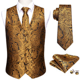 Wiaofellas 4PC Mens Extra Silk Vest Party Wedding Gold Paisley Solid Floral Waistcoat Vest Pocket Square Tie Suit Set Barry.Wang BM-2017