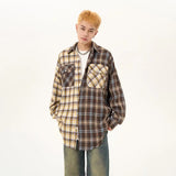 Wiaofellas Men's Retro Style Patchwork Color Long Sleeves Shirt Fashion Trendy Loose Casual Lattice Printing Loose Streetwear Shirt