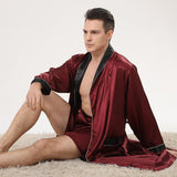 Wiaofellas Men Satin Kimono Robe Short Pants Sleep Set Male V-Neck Nightwear Sleepwear Home Dressing Gown Loungewear Pajamas Bathrobe