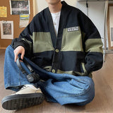 Wiaofellas Oversized American Vintage V-neck Jacket For Men Plus Large Size Loose Striped Color Matching Caual Spring Autumn Coat Outerwear