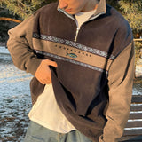 Wiaofellas England Retro Geometry Print Patchwork Youth Hoodie Zip Up Lapel Cashmere Sweater Autumn Winter Warm Loose Daily Sweatshirts Men