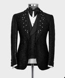 Wiaofellas Sparkling Black Men Suit 2 Pieces Business Blazer Pants One Button Sequins Pearls Wedding Groom Work Wear Party Causal Tailored
