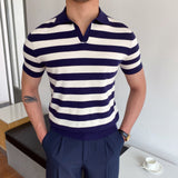 Wiaofellas Spring Summer Knit Polo Shirt Men Casual Turn-down Collar Button Fashion Striped Solid Slim Tops Newest Ice Silk Cotton Knitwear