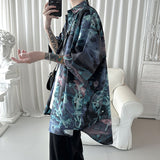 Wiaofellas Summer Short Sleeve Shirt Men Fashion Oversized Ice Silk Shirt Men Streetwear Loose Print Ice Silk Shirts Mens Hawaiian Shirt