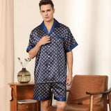Wiaofellas Summer Ice Silk Cool Pajama Man Thin Soft Satin Sleepwear Casual  Plaid Print Short Sleeve Male Pajamas Set Cozy Elastic Shorts