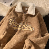 Wiaofellas American retro street alphabet lamb wool warm oversize winter new lapel long-sleeved sweater women's all-match casual top Y2K