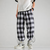 Wiaofellas Korean Men Plaid Pants Vintage Drawstring Joggers Wide Straight Trousers Man Streetwear Fashion Oversized Checkered Pants Man