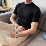 Wiaofellas New Style Men High Grade Solid Color Stripe Knit T-shirt/Male Slim Fit Fashion High Collar Short Sleeve T-shirt Black White