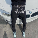 Wiaofellas Mans Stretchy Black Jeans Skinny Slim Fit Hot Drill Punk Streetwear Biker Trousers Man Rhinestone Hole Letter Denim Pencil Pants