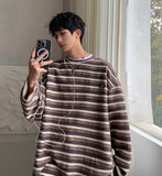 Wiaofellas Men's Long Sleeved Striped T-shirt, Original Style Round Neck Top, Korean Student Loose Casual T-shirt, Fashionable