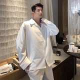 Wiaofellas New Ice Silk Drape Cuban Collar Shirt for Men Solid Color Long Sleeve Korean Fashion Senior Casual Loose Button Up White Shirt