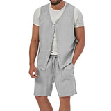 Wiaofellas Summer Mens Cotton Linen Two Piece Vintage Sleeveless Button Vest Shirts And Casual Shorts Suits Men Leisure Solid Color Outfit