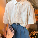 Wiaofellas-Summer Men's Retro Hollowed Out Short Sleeved Shirt Fashion Trend Casual White/Brown Shirts High Quality Unisex Clothes