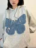 Wiaofellas Hiphop Vintage Butterfly Hoodie Fashion Women Denim Patch Fried Street Autumn Winter Plush Versatile Couple Sweatshirt Chic