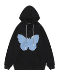 Wiaofellas Hiphop Vintage Butterfly Hoodie Fashion Women Denim Patch Fried Street Autumn Winter Plush Versatile Couple Sweatshirt Chic