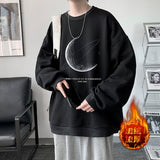 Wiaofellas Winter Warm Sweatshirts New Men Simple Stroke Moon Graphic Pullovers Oversized Korean Style Man Letter Print O Neck Tops