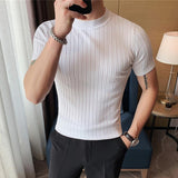 Wiaofellas New Style Men High Grade Solid Color Stripe Knit T-shirt/Male Slim Fit Fashion High Collar Short Sleeve T-shirt Black White