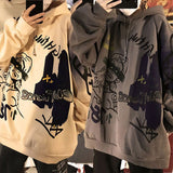 Wiaofellas Autumn and winter Korean style trend plus fleece hooded sweater men graffiti hip-hop all-match loose printed coat couple sweater