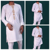 Wiaofellas New Men's Suit Top Trousers 2-piece Set Solid Color Round Neck Embroidery Long Sleeve Suit Wedding African Ethnic Style