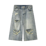 Wiaofellas Summer Jeans Men Straight Loose Casual Vintage Destroy Hole Denim Shorts Jeans Pants Male Wide Leg Short Jeans