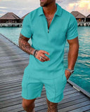 Wiaofellas Men's Polo Suit Fashion Men Sets Mens Solid Color Summer V-neck Zipper Short Sleeve POLO Shirt+Shorts Two Pieces Men Casual Suit