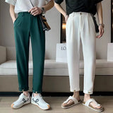 Wiaofellas Summer Men's Fashion Trend Ice Silk Fabric Suit Pants White/black/green Color Nine Point Casual Pants High-quality Trousers