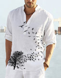 Wiaofellas Mens Long Sleeve Casual Shirts Summer 2023 spring New Fashion Thin  Bird Flower Print Stand Collar Beach Shirts Asian Size