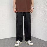 Wiaofellas Kpop Khaki Cargo Pants Women Low Waist Sweatpants Drawstring Pockets Straight Pants Men Y2k Wide Leg Trousers Korean Parachute