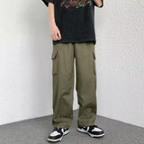 Wiaofellas Kpop Khaki Cargo Pants Women Low Waist Sweatpants Drawstring Pockets Straight Pants Men Y2k Wide Leg Trousers Korean Parachute