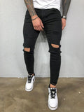 Wiaofellas Jeans Men's Distressed Stretch Ripped Biker Jeans Men Hip Hop Slim Fit Holes Punk Jeans Zipper Pure Color Denim Pants