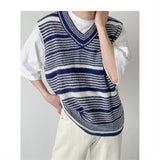 Wiaofellas-Winter Men's Loose V-neck Wool Sweater Vest Striped Printing Pullover Fashion Trend Sleeveless Knitting Blue/black Coats