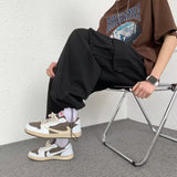 Wiaofellas Kpop Khaki Cargo Pants Women Low Waist Sweatpants Drawstring Pockets Straight Pants Men Y2k Wide Leg Trousers Korean Parachute
