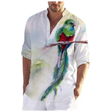 Wiaofellas Mens Long Sleeve Casual Shirts Summer 2023 spring New Fashion Thin  Bird Flower Print Stand Collar Beach Shirts Asian Size