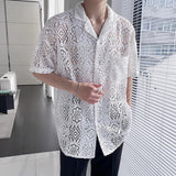 Wiaofellas Summer Men Mesh Hollow Lace Short Sleeve Loose Casual Vintage Shirts Male Beach Shirts Male Streetwear Fashion Shirts Blouse