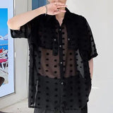 Wiaofellas Trendy Sexy See-through Mesh Shirts LGBT Men's Summer Thin Section Polka Dot Short-sleeved Tees Shirt Niche Men Clothing Blouse