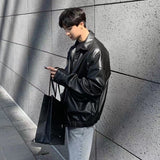 Wiaofellas-Men's Loose Russian PU Leather Jackets Casual Fashion Trend Outerwear Top Black Color Motorcycle Jackets Baseball Coats