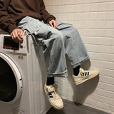 Wiaofellas Spring And Autumn Fashion Hong Kong Style Workwear Jeans Men's Korean Loose Trend Straight Wild Nine Wide Leg Cargo Pants
