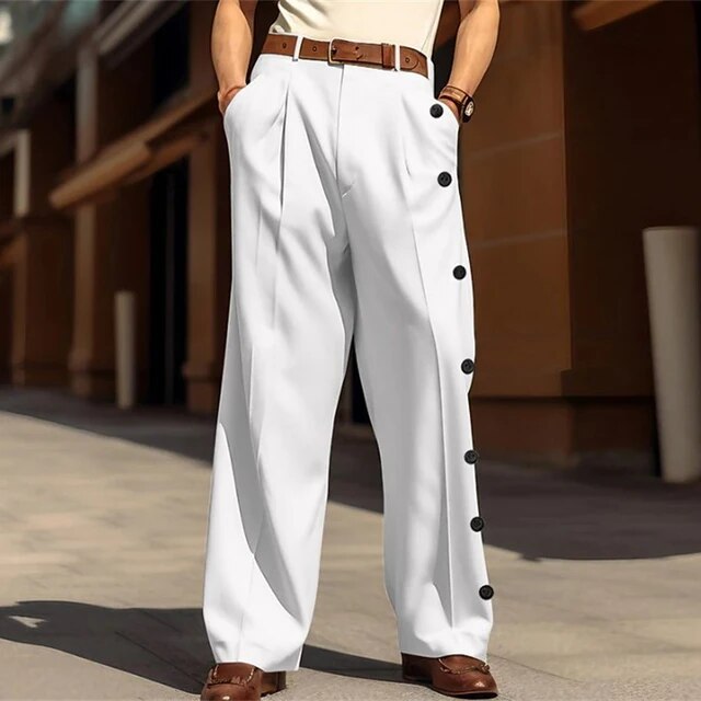 Wiaofellas Streetwear Solid Pockets Straight Pants Men Casual Loose Mid Waisted Trousers New Fashion Button Decoration Male Long Pants